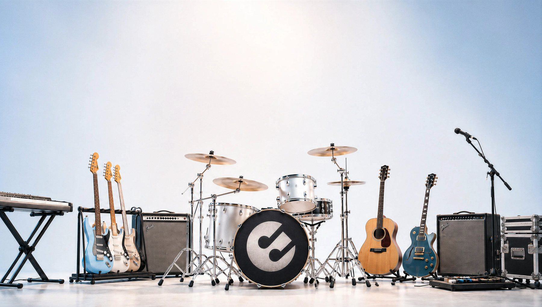 Teclado, guitarras, batería, amplificadores y micrófono de Idearum montados en el estudio